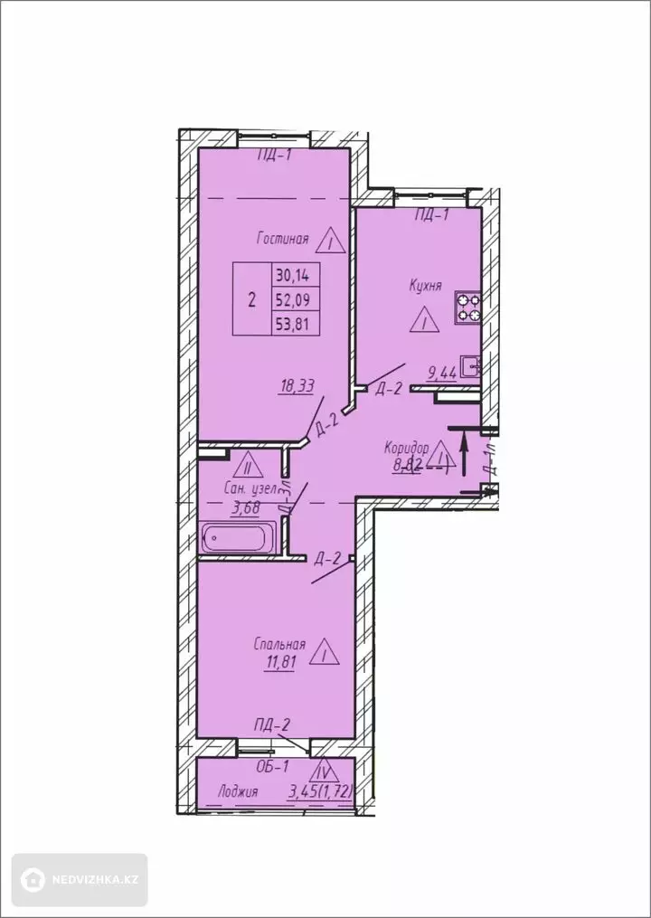 2-комнатная квартира, этаж 4 из 5, 54 м², фотография 2