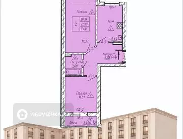 2-комнатная квартира, этаж 4 из 5, 54 м², миниатюра 1