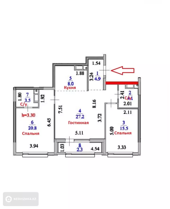 3-комнатная квартира, этаж 9 из 9, 86 м², фотография 2