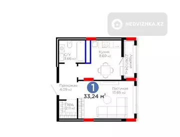1-комнатная квартира, этаж 8 из 9, 33 м²