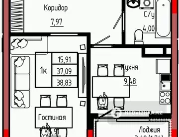 1-бөлмелі пәтер, қабат 3 барлық қабат саны 9, 39 м², 1-нобай