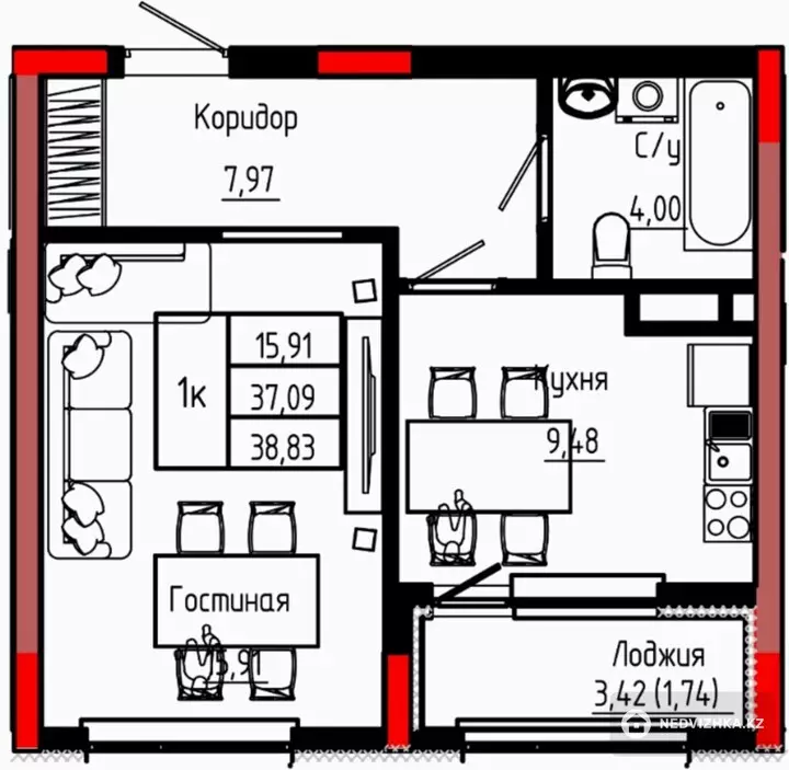 1-комнатная квартира, этаж 3 из 9, 39 м²