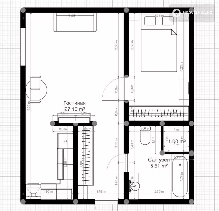 1-бөлмелі пәтер, қабат 3 барлық қабат саны 5, 46 м², 4-фотосурет