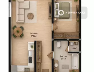 1-комнатная квартира, этаж 3 из 5, 46 м², миниатюра 5