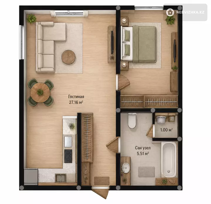 1-бөлмелі пәтер, қабат 3 барлық қабат саны 5, 46 м², 5-фотосурет