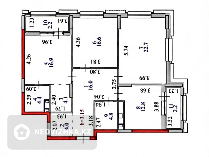 3-комнатная квартира, этаж 9 из 12, 107 м²