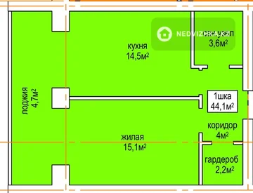 1-бөлмелі пәтер, қабат 1 барлық қабат саны 5, 44 м², 6-нобай