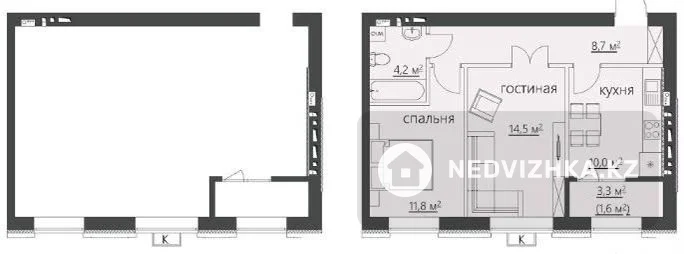 2-комнатная квартира, этаж 4 из 6, 53 м²