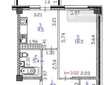 1-бөлмелі пәтер, қабат 3 барлық қабат саны 9, 44 м², 5-нобай