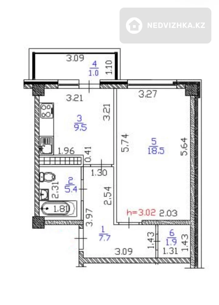 1-бөлмелі пәтер, қабат 3 барлық қабат саны 9, 44 м², 5-фотосурет