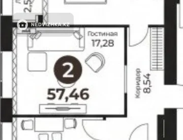 2-бөлмелі пәтер, қабат 3 барлық қабат саны 12, 58 м², 7-нобай