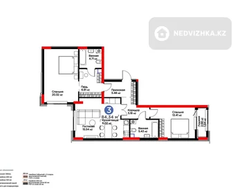 3-комнатная квартира, этаж 2 из 12, 85 м², миниатюра 1