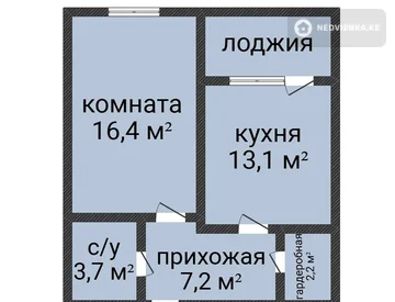 1-бөлмелі пәтер, қабат 1 барлық қабат саны 4, 44 м², 2-нобай