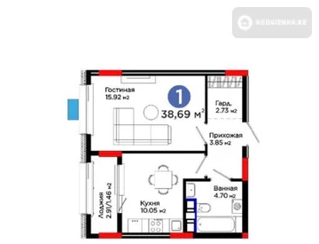 1-комнатная квартира, этаж 3 из 9, 39 м², миниатюра 1