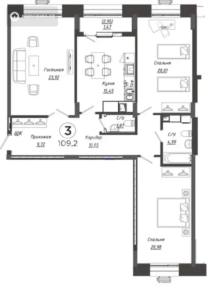 3-комнатная квартира, этаж 8 из 9, 109 м²