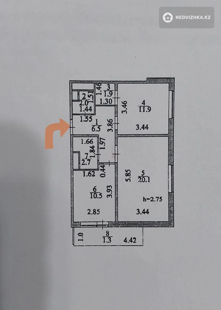 2-комнатная квартира, этаж 7 из 7, 57 м², фотография 2