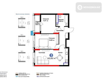 3-комнатная квартира, этаж 9 из 14, 61 м², миниатюра 1