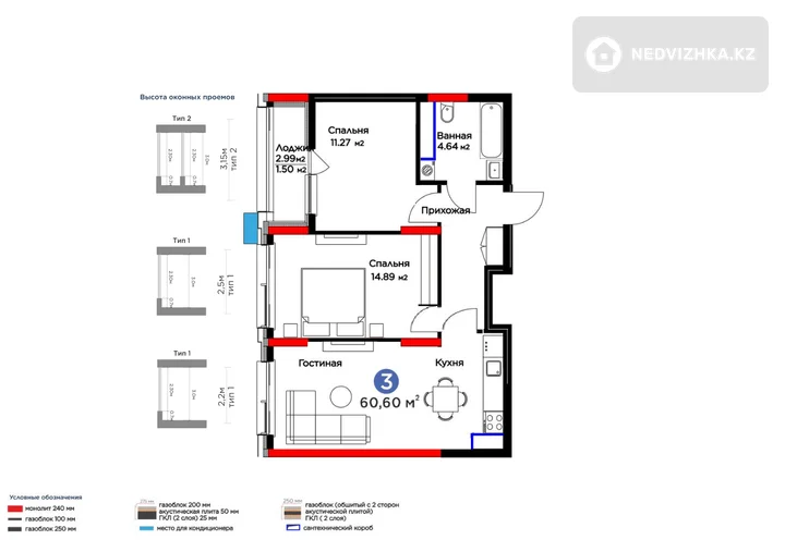 3-комнатная квартира, этаж 9 из 14, 61 м²