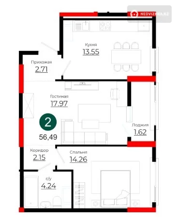 2-комнатная квартира, этаж 18 из 18, 56 м², фотография 3