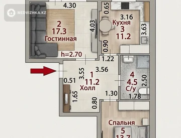 2-комнатная квартира, этаж 4 из 7, 61 м², миниатюра 2
