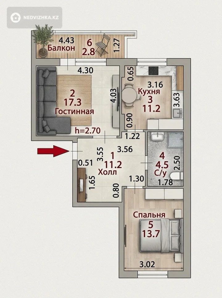 2-комнатная квартира, этаж 4 из 7, 61 м², фотография 2
