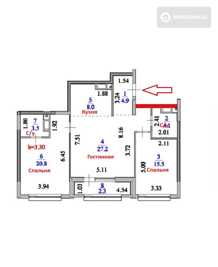 3-комнатная квартира, этаж 9 из 9, 86 м², фотография 2