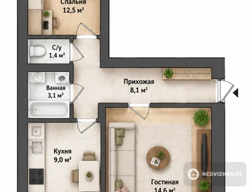 2-комнатная квартира, этаж 8 из 9, 50 м², миниатюра 12