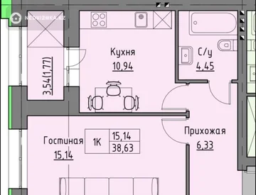 1-комнатная квартира, этаж 2 из 9, 39 м², миниатюра 1