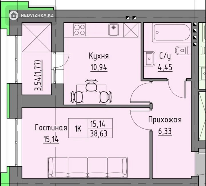 1-комнатная квартира, этаж 2 из 9, 39 м²