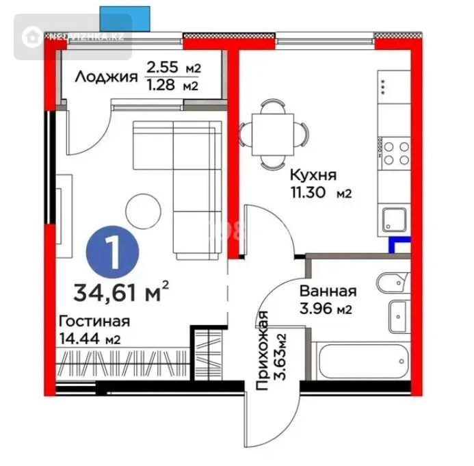 1-комнатная квартира, этаж 4 из 6, 34 м²